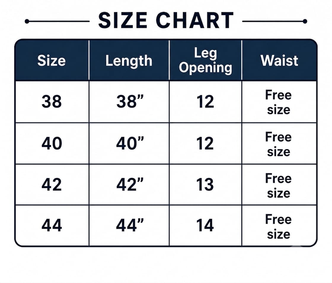 Size chart for white primium paijama